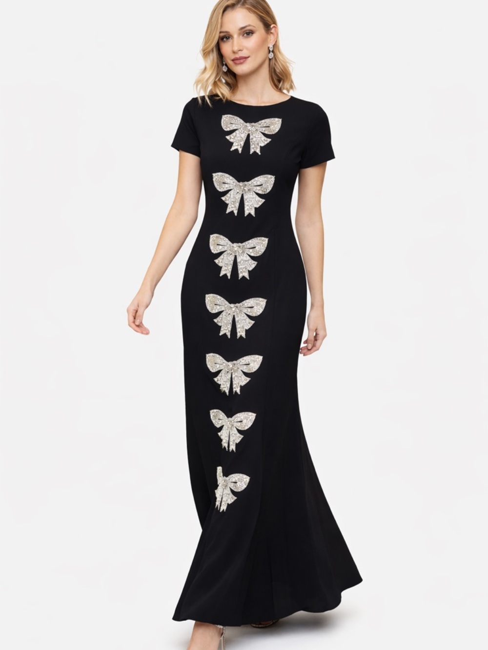 NWT Mestiza NY Black Bow Embellished Maxi Dress Formal $695 retail